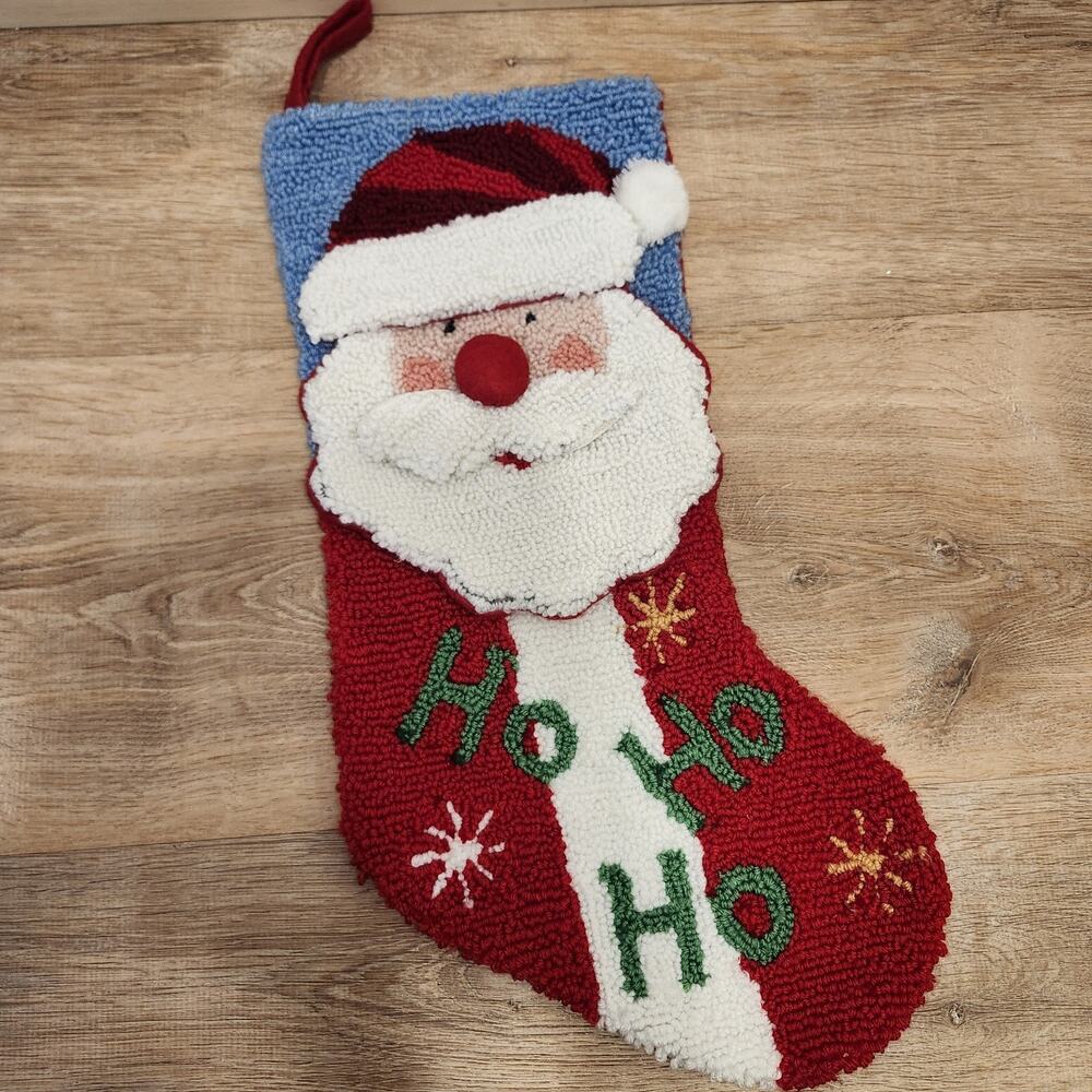 Santa Christmas Stocking Rug Hook & Loop Polka Dot 20” Ho Ho Ho 3D Vtg